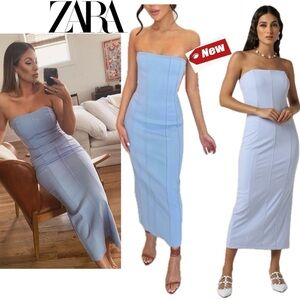 Zara light pastel blue strapless bodycon midi tube dress Sz M NWT bloggers fave